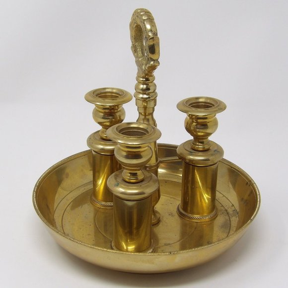 Vintage Neiman Marcus Brass Candlestick Holder Trio Candelabra with Handle Heavy - Picture 10 of 10